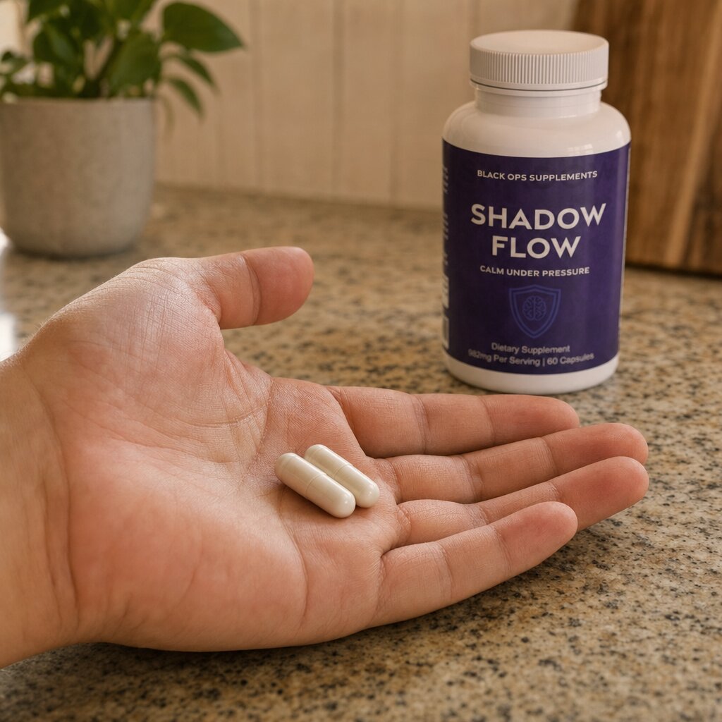 Two capsules in an open palm, Shadow Flow behind
