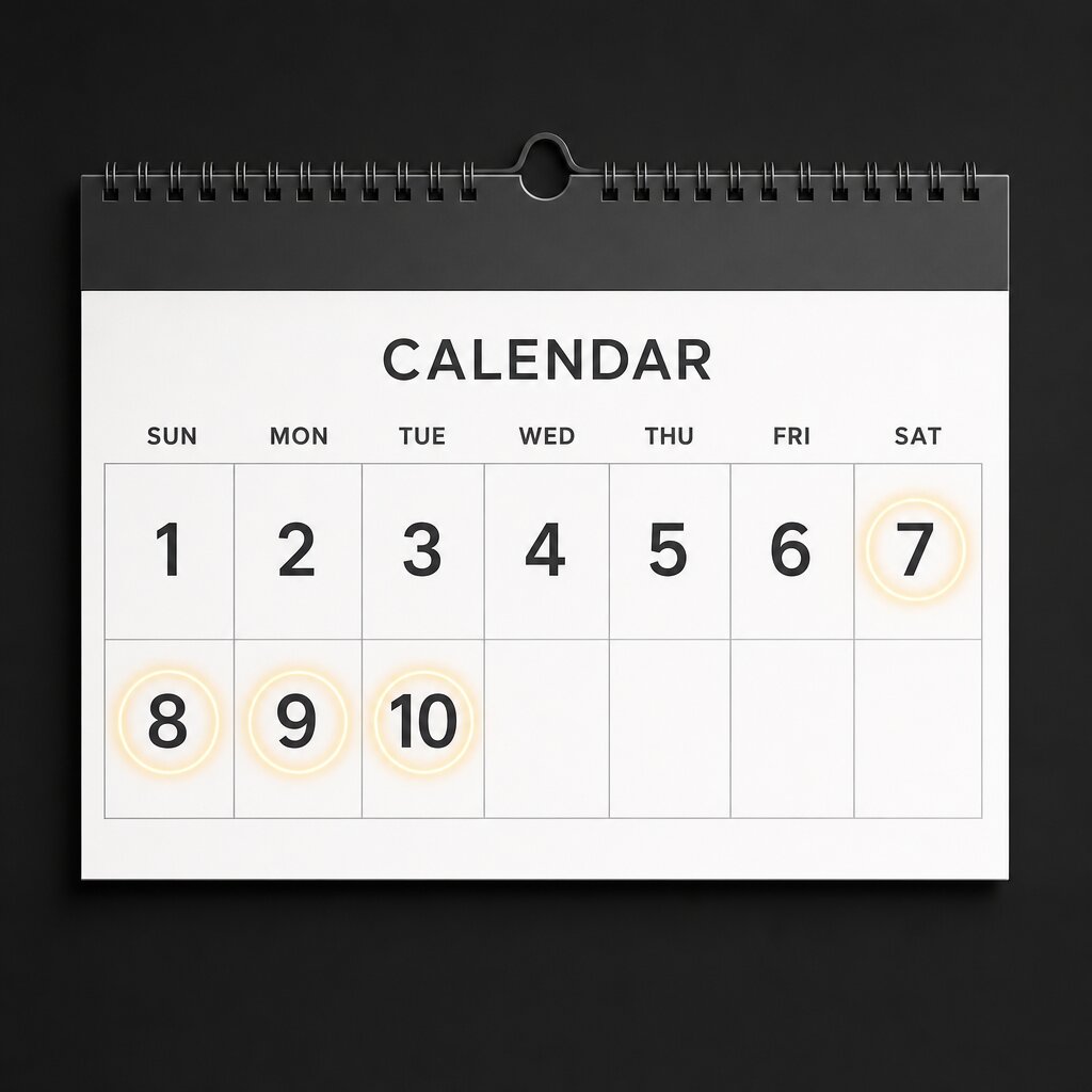 A calendar with days 7 to 10 circled