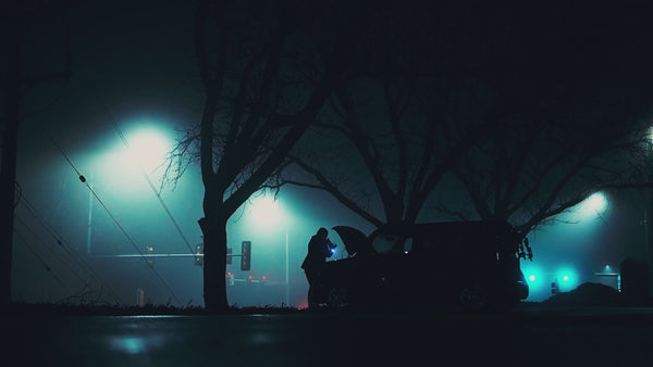 A dark street at night during a blackout