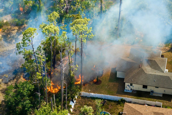 Wildfire smoke rising behind homes