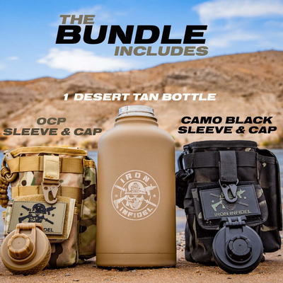  Iron Infidel Battle Bottle - 32 Oz Insulated Water Bottle with  Straw Lid & Chug Cap, Stainless Steel Metal Flask Includes Rugged,  Removable Sleeve for Keys, Wallet, & Phone (Arctic