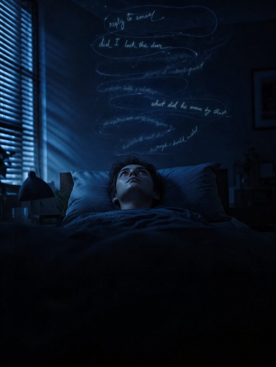 A person lying awake at night with thoughts looping overhead