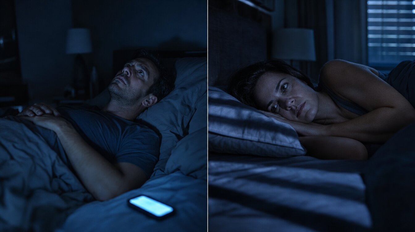 A man and a woman lying awake in dark bedrooms at night