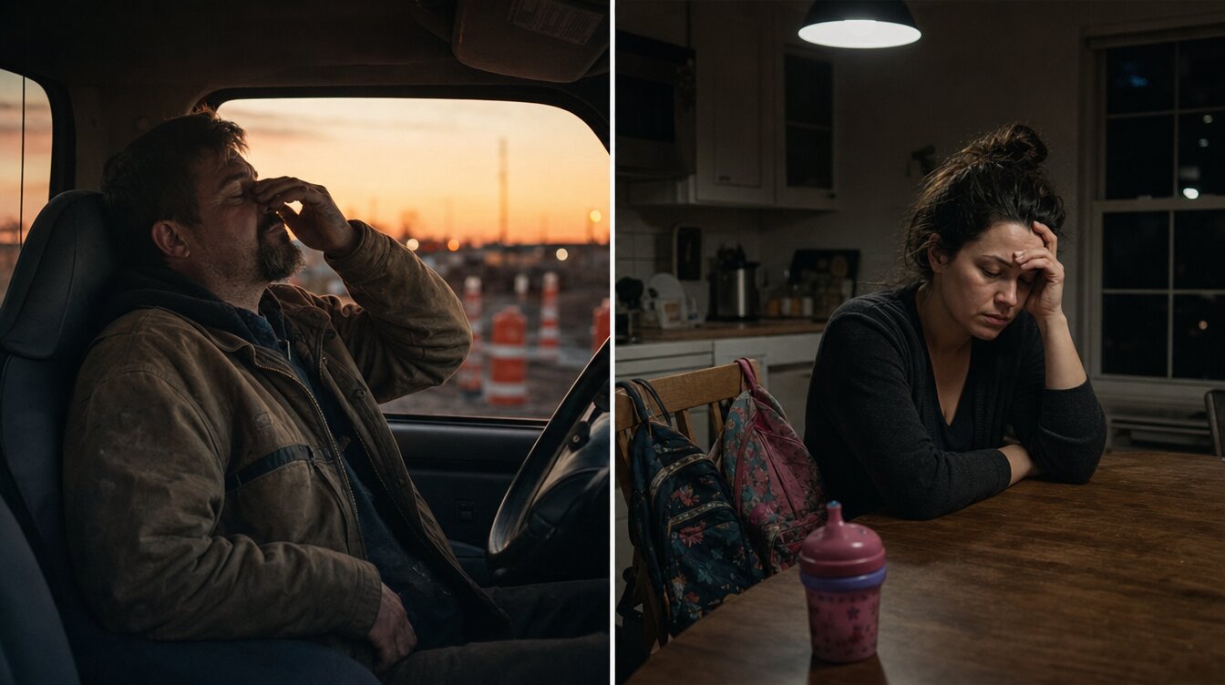 A tired man in a pickup truck at dusk and a tired mom at a kitchen table at night