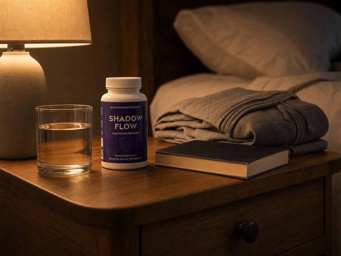 Shadow Flow on a calm nightstand beside a glass of water and a book