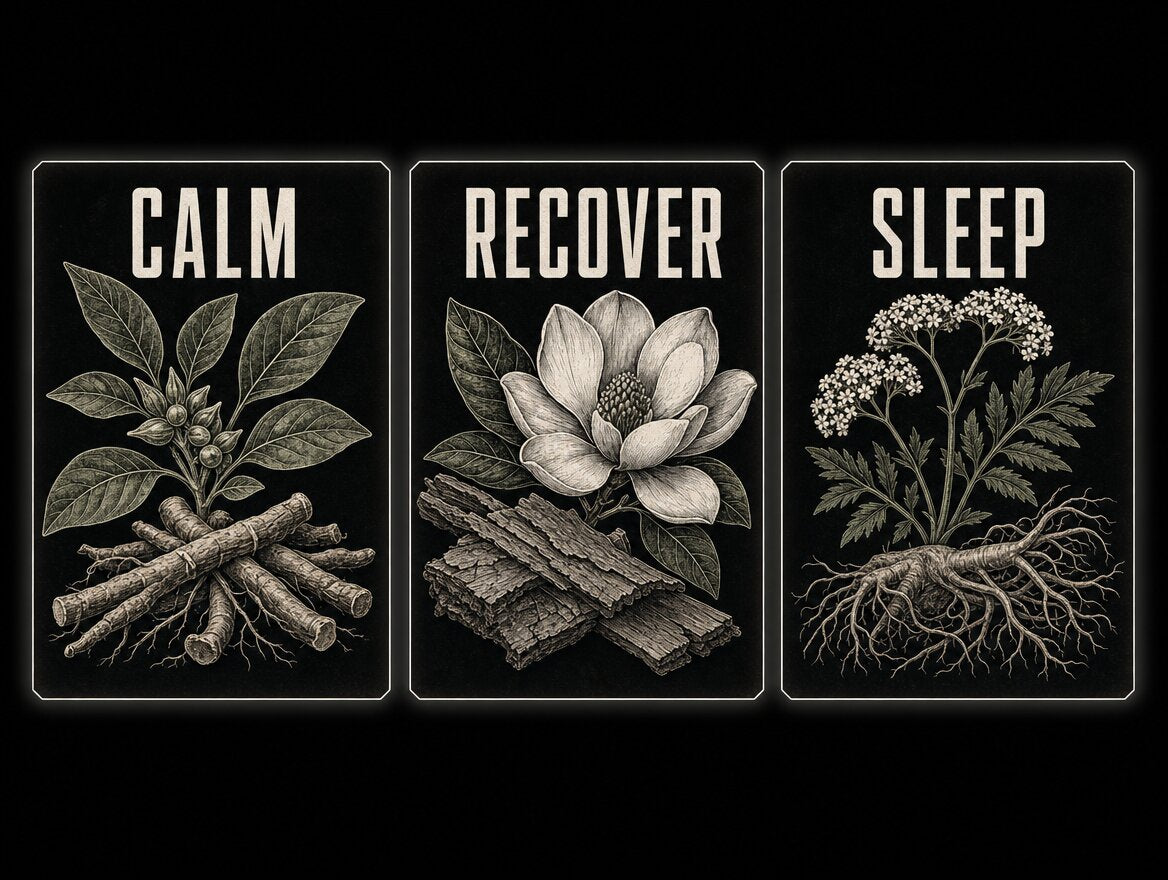Calm, Recover and Sleep tiles with botanical illustrations