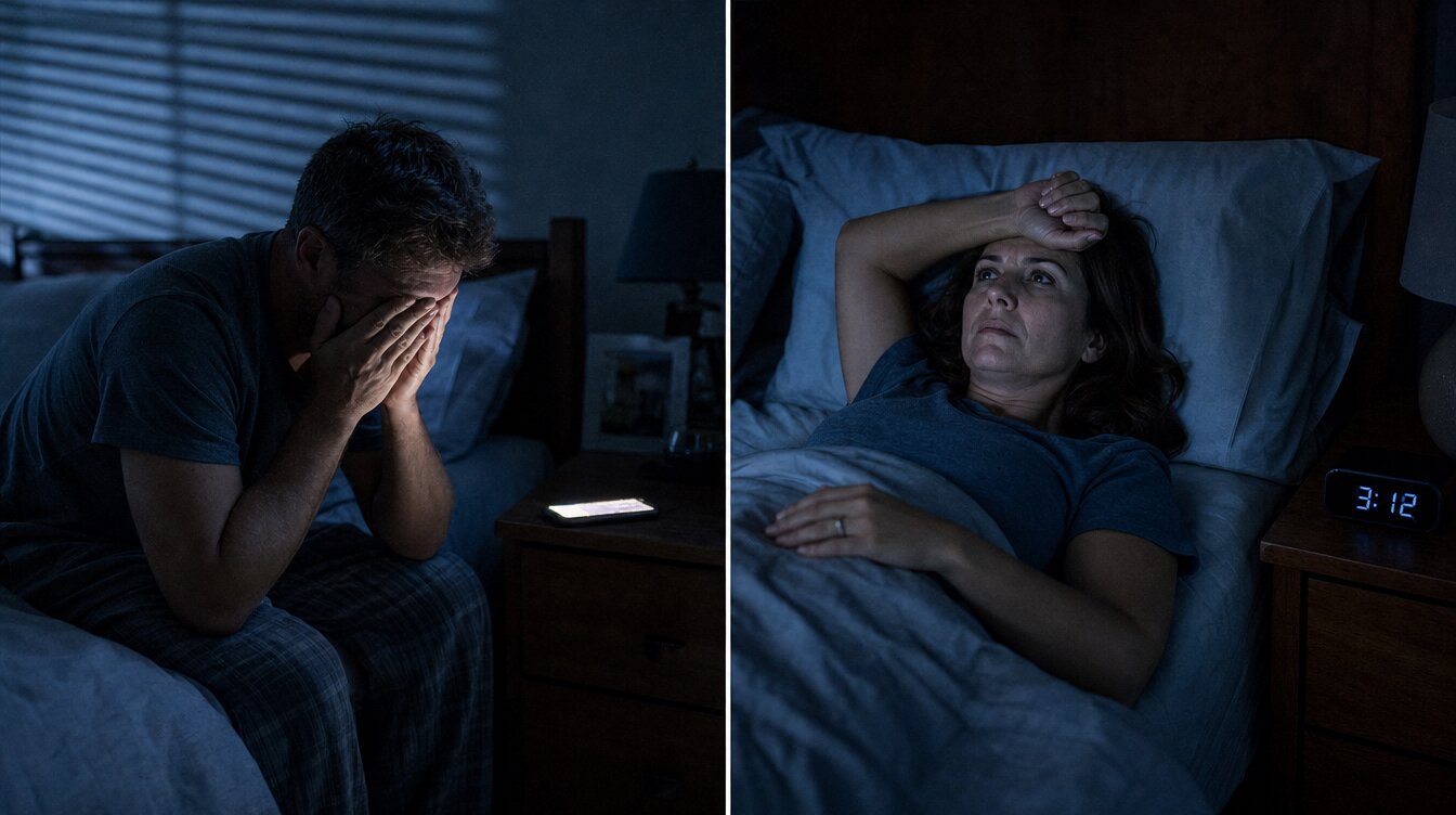 A man and a woman awake in the middle of the night, a clock reading 3:12 AM