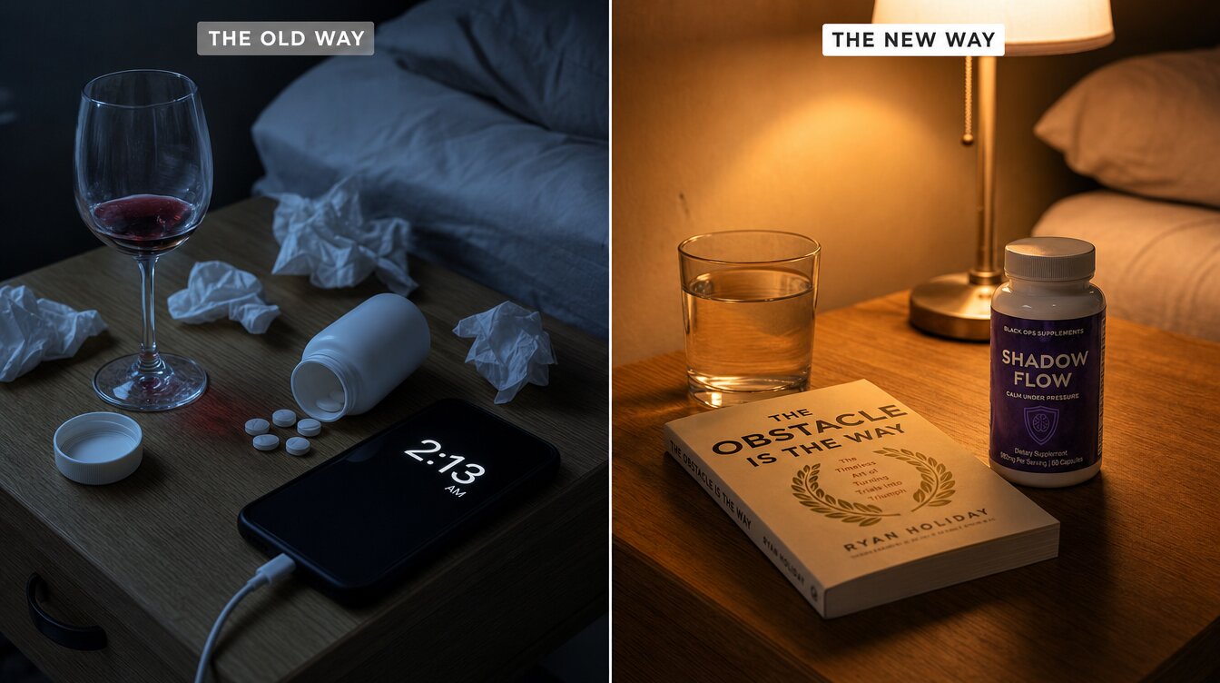 The old way: wine, pills and a phone at 2:13 AM. The new way: water, a book and Shadow Flow under warm lamplight