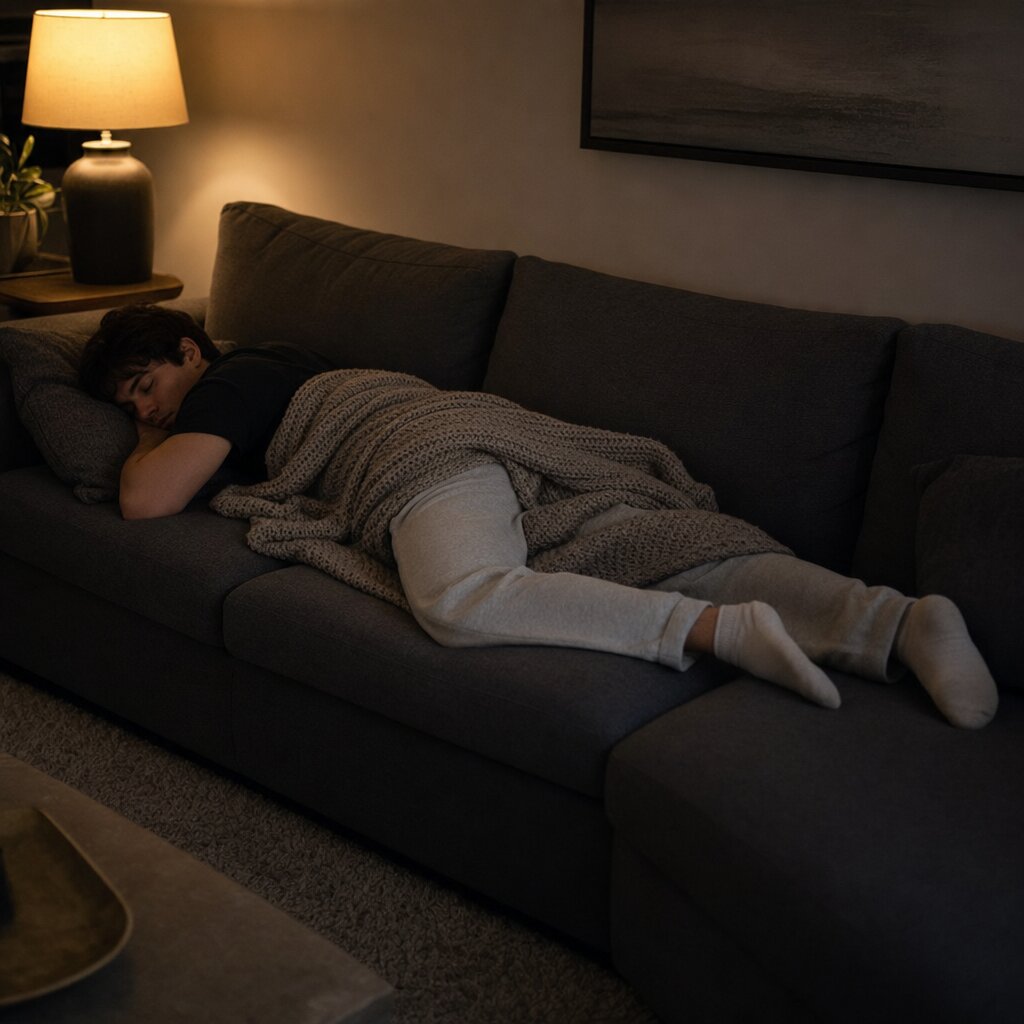 A person fast asleep on a couch under a blanket