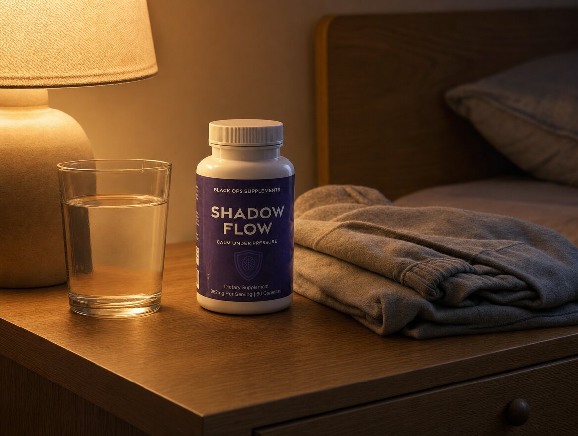 Shadow Flow on a nightstand beside a glass of water
